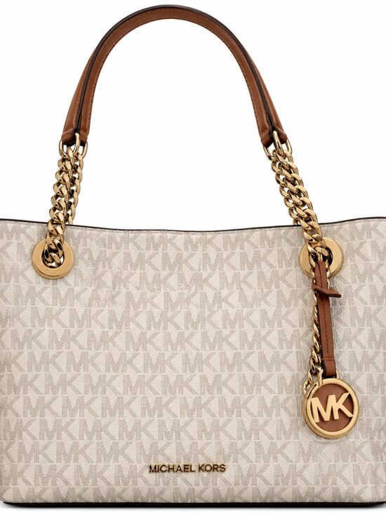 Michael Kors Handbags - Michael Kors Jet Set Travel MK Monogram Chain Tote Shoulder Bag Vanilla Brown